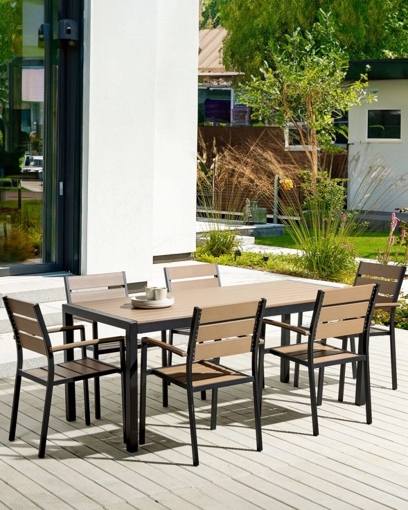 Set di 6 sedie da giardino da pranzo in plastica legno chiaro e nero con schienale a doghe in alluminio anodizzato set di sedie da esterno