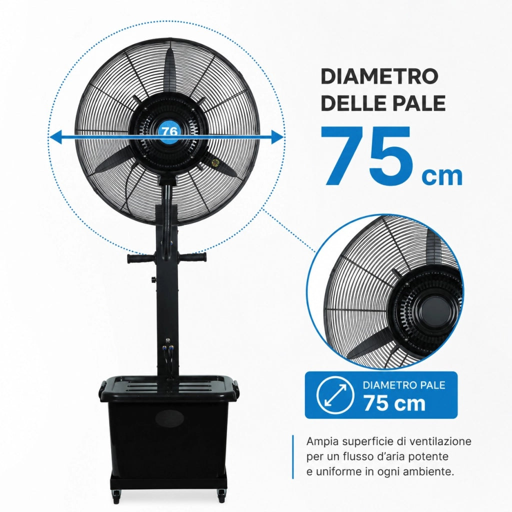 Ventilatore Nebulizzatore Raffrescatore 75 cm con Tanica 46L, 3 Velocità, Altezza 180 cm, 280W 220V, Raffrescatore ad Acqua per Esterni, Eventi, Ristoranti, Bar e Giardini
