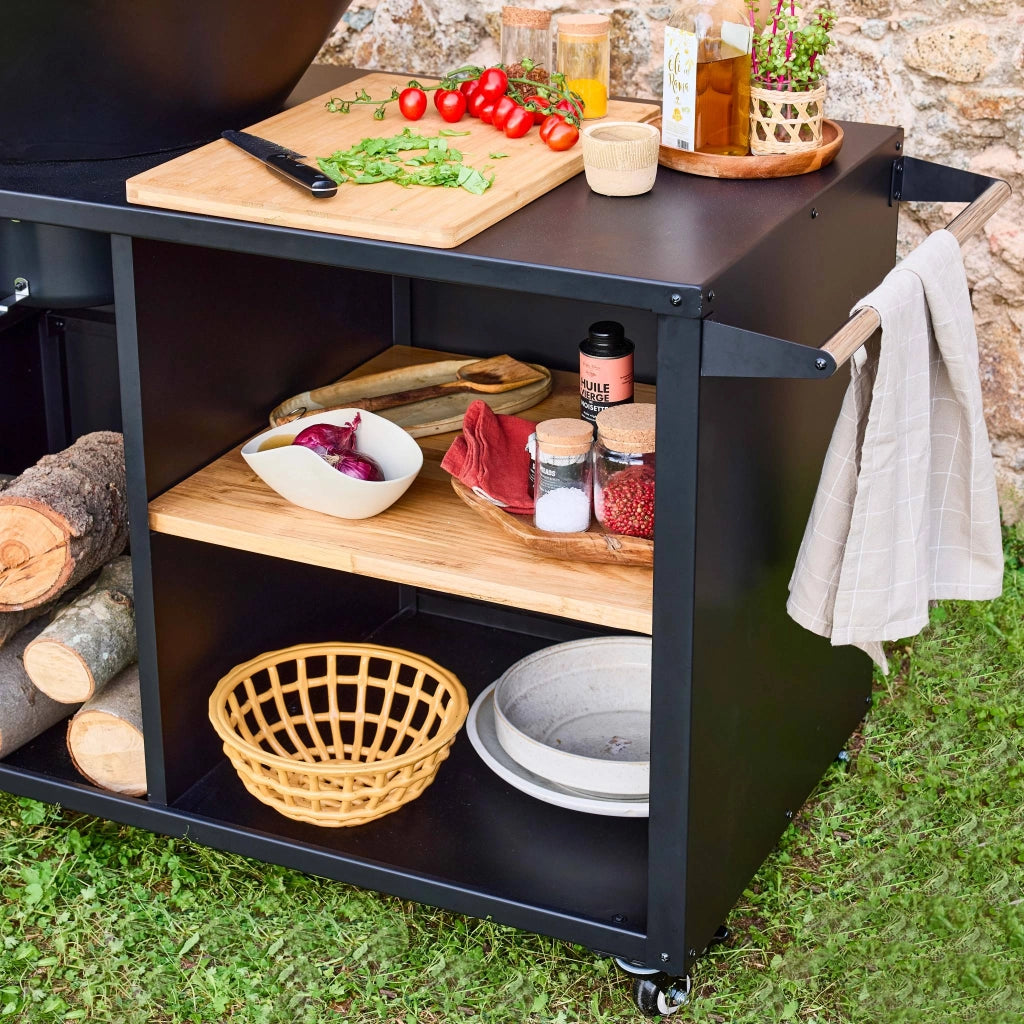 Braciere barbecue su carrello con vano portaoggetti, ø80cm, nero