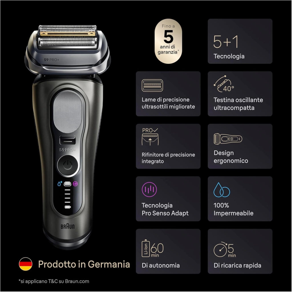 Braun Serie 9 Pro + Rasoio Elettrico Barba, Wet&Dry, 5+1 Lame di Precisione Ultra Sottili, Regolabarba Uomo, Rasoio Barba, 60 Min Utilizzo, Powercase, Base di Ricarica, Regolabarba Braun 9625s Grafite