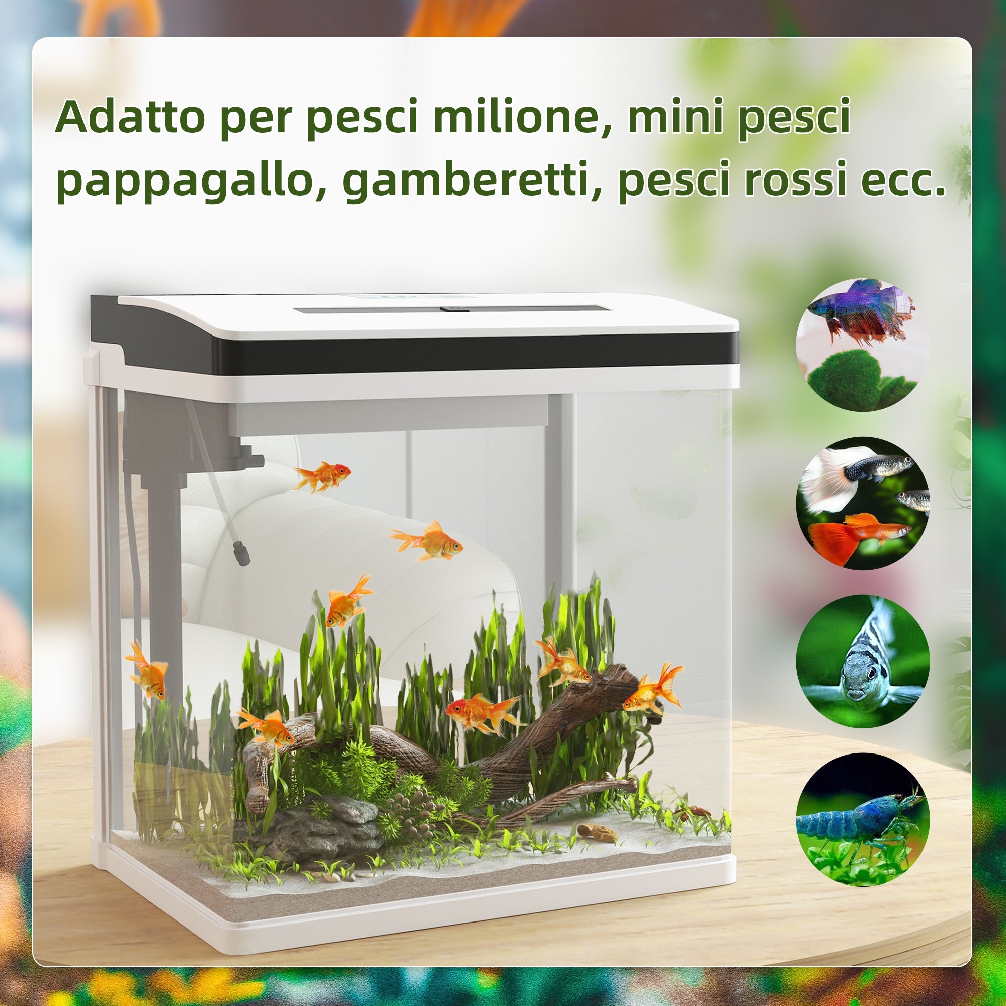 Acquario 28L a Illuminazione LED 38x26x38 cm con Fori di Ventilazione e Pompa in Vetro e ABS Bianco