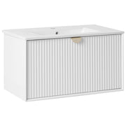 Mobiletto da parete con lavabo in legno massiccio per bagno 80 cm bianco stile moderno