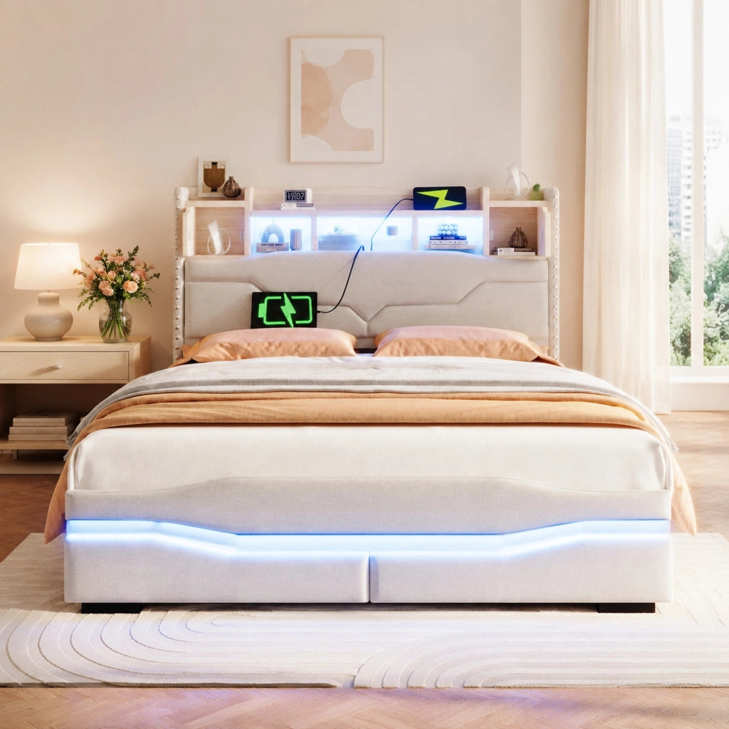 Letto matrimoniale imbottito 140x200 cm in lino beige con LED; presa USB e contenitore idraulico