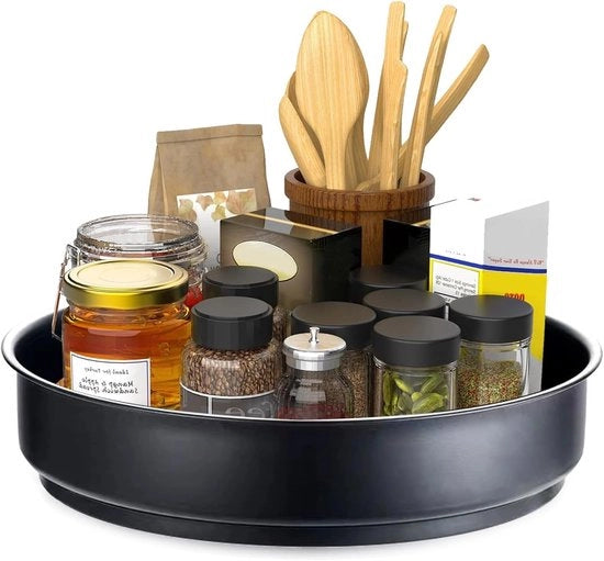 Piatto di rotazione 360 gradi in acciaio inossidabile, rivettato, 31 cm, organizzatore per la cucina, spezie, nero.