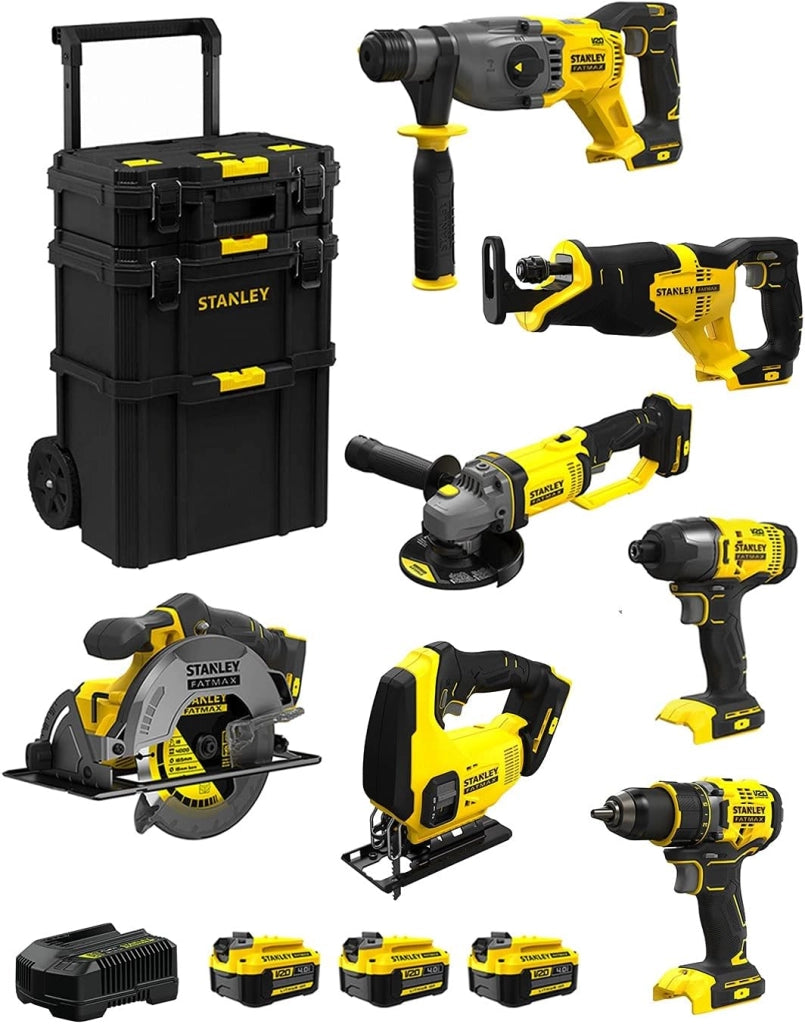 STANLEY FatMax Kit SVK705 (SFMCH900 + SFMCG400 + SFMCD720 + SFMCF800 + SFMCS500 + SFMCS600 + SFMCS300 + 3 Batterie 4,0 Ah + Caricabatteria + Caddy 3in1)