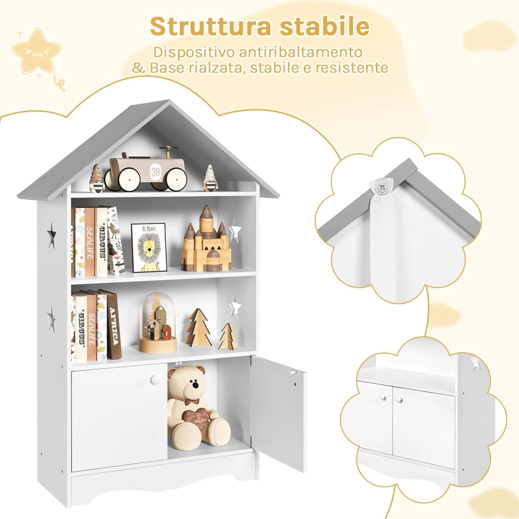 Libreria in Legno per Bambini, Scaffale a Forma di Casa, Porta Giochi Organizzatore per Cameretta, con Ante Bianco + Tetto Grigio 62x27,2x115cm