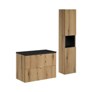 Set da bagno VANO in rovere e nero 110cm: mobile sottolavabo con cassetti + piano per lavabo + colonna