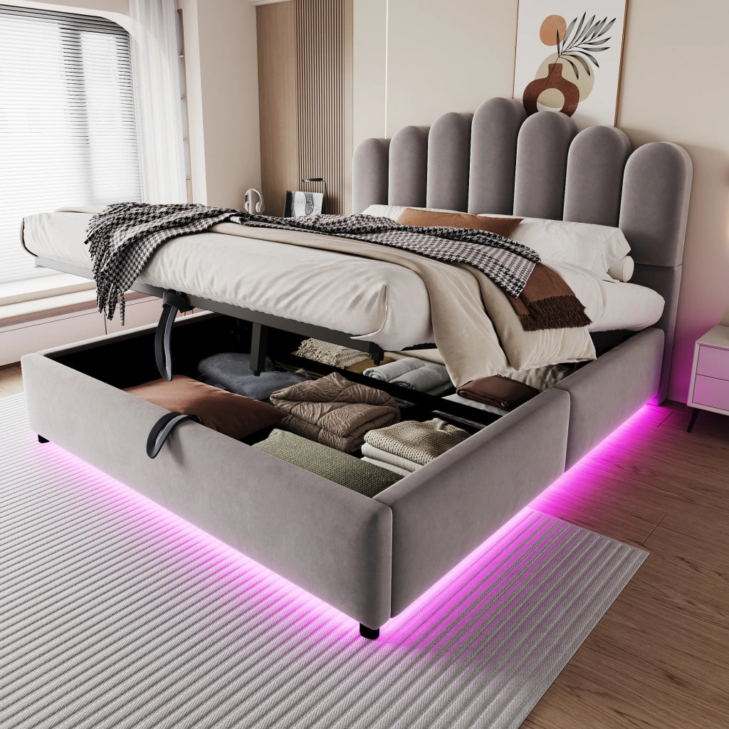 Letto imbottito 140x200 cm in velluto grigio con contenitore idraulico, LED e rete a doghe