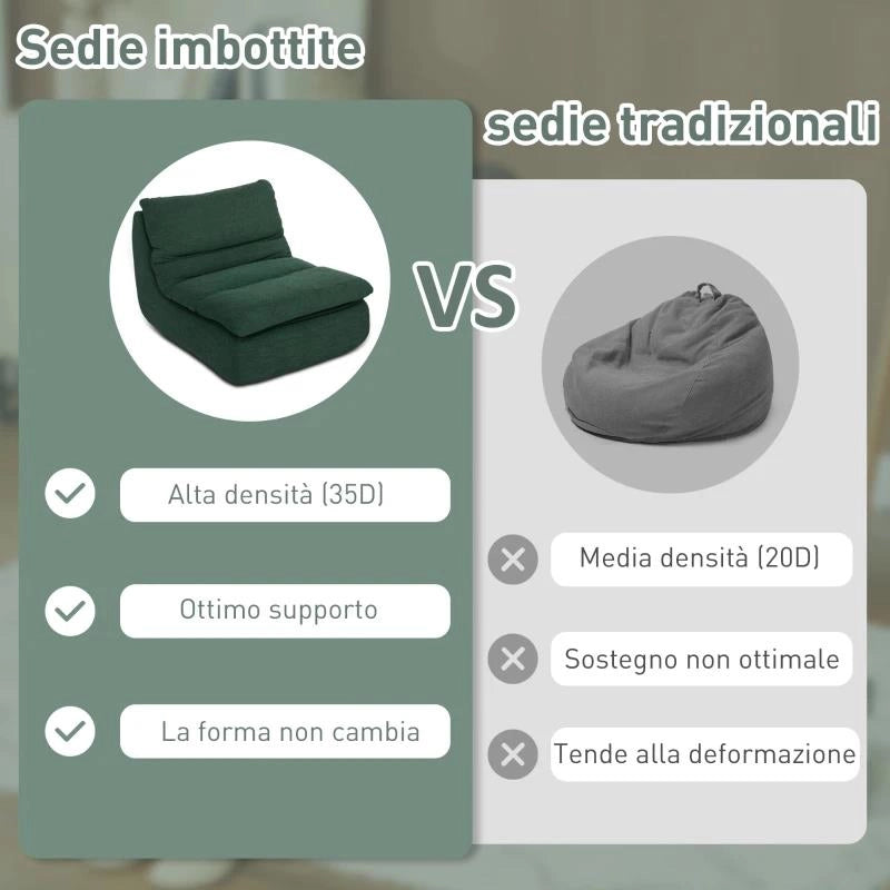 SEDIA DA TERRA MODERNA E IMBOTTITA IN TESSUTO EFFETTO VELLUTO VERDE E SCHIUMA, 82X103X75 CM