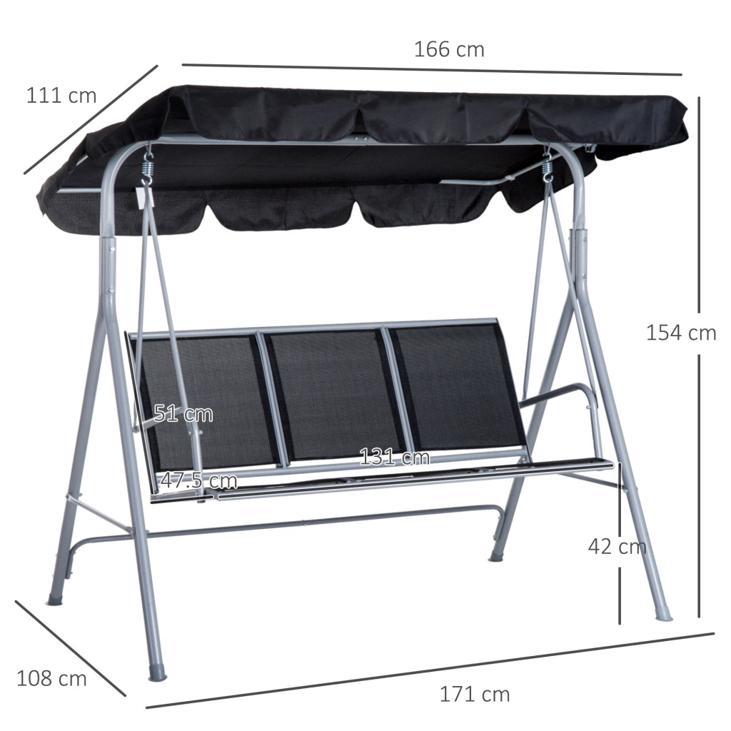 Altalena da giardino a 3 posti con tettuccio regolabile e rimovibile in metallo grigio 154 × 171 × 108 cm