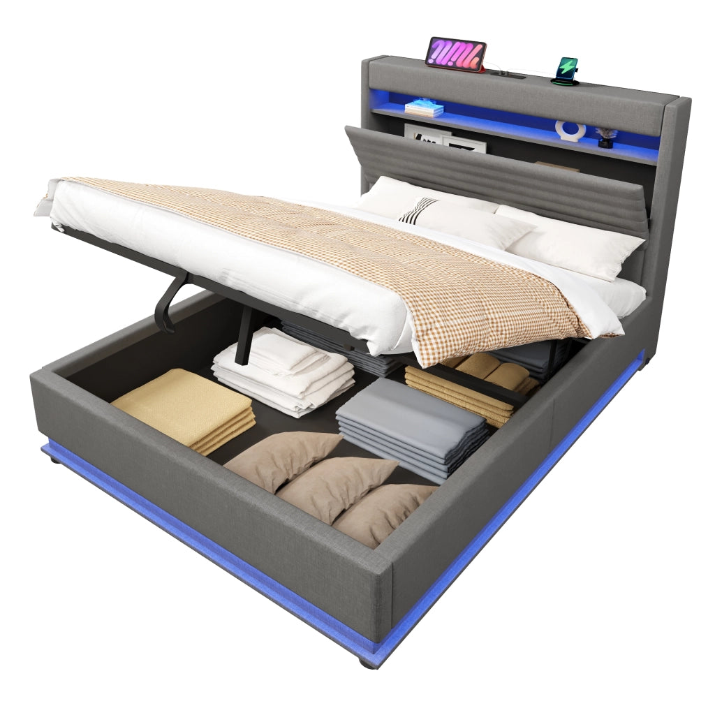 Letto Contenitore Letto Matrimoniale 140x200 cm con USB; Type-C; LED; in Lino Grigio
