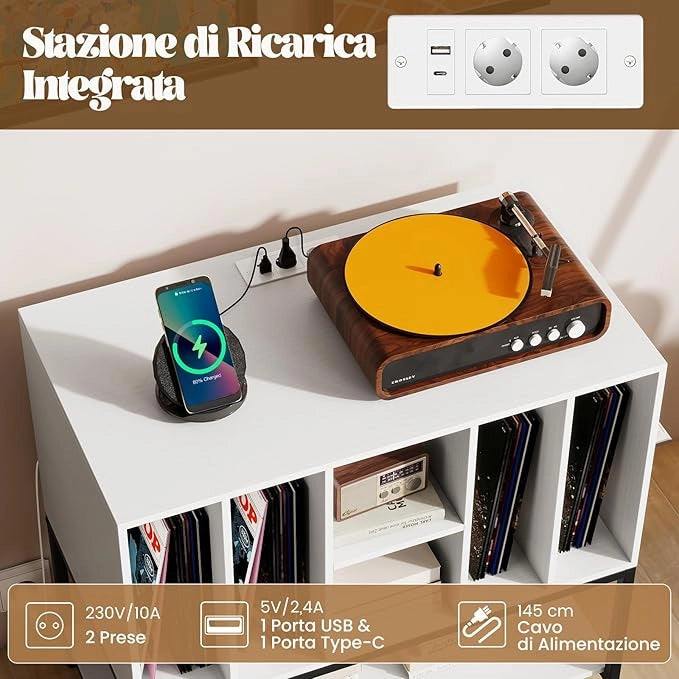 Supporto per Giradischi con Stazione di Ricarica, Credenza per Giradischi con Spazio per Album, Tavolino Porta-Vinili con Scaffali per CD per Soggiorno e Sala Musica (Bianco)