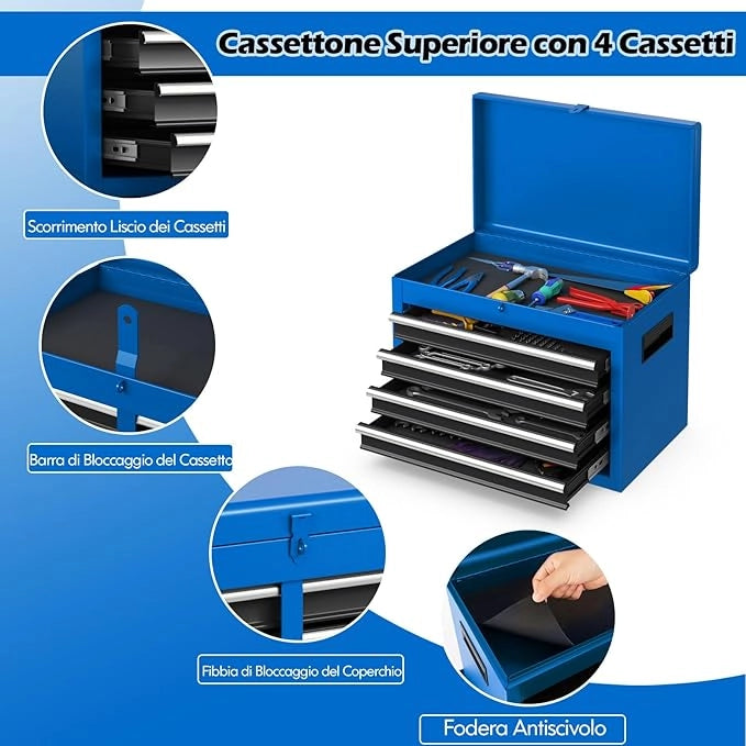 Cassettiera Portautensili a 4 Cassetti, Carrello per Attrezzi con Ruote Bloccabili Ripiano Regolabile e Rivestimento Antiscivolo, 59 x 28 x 102 cm (Blu + Nero)