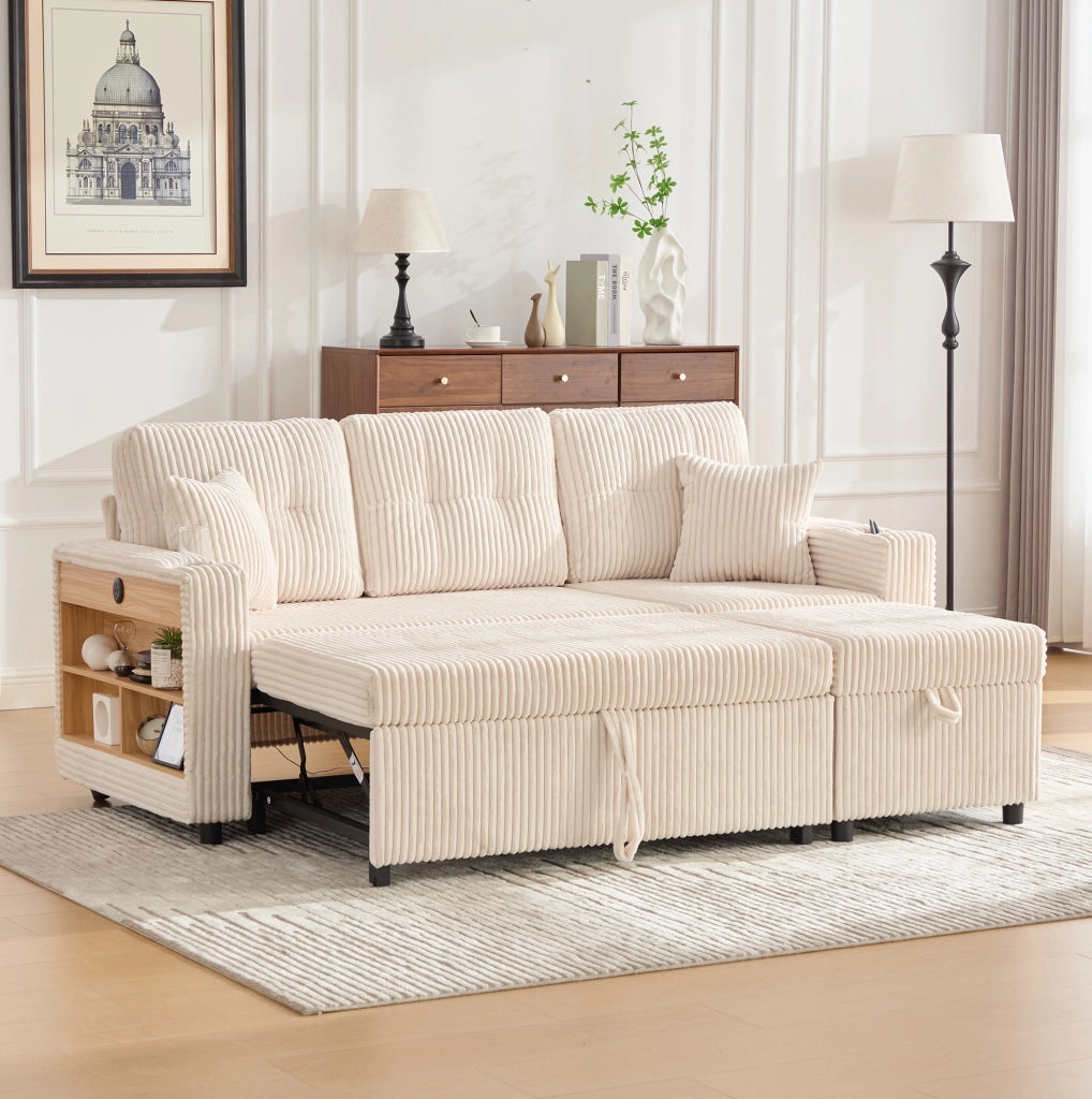 Divano letto estraibile 196x82-144x85 cm con contenitore e USB-C beige