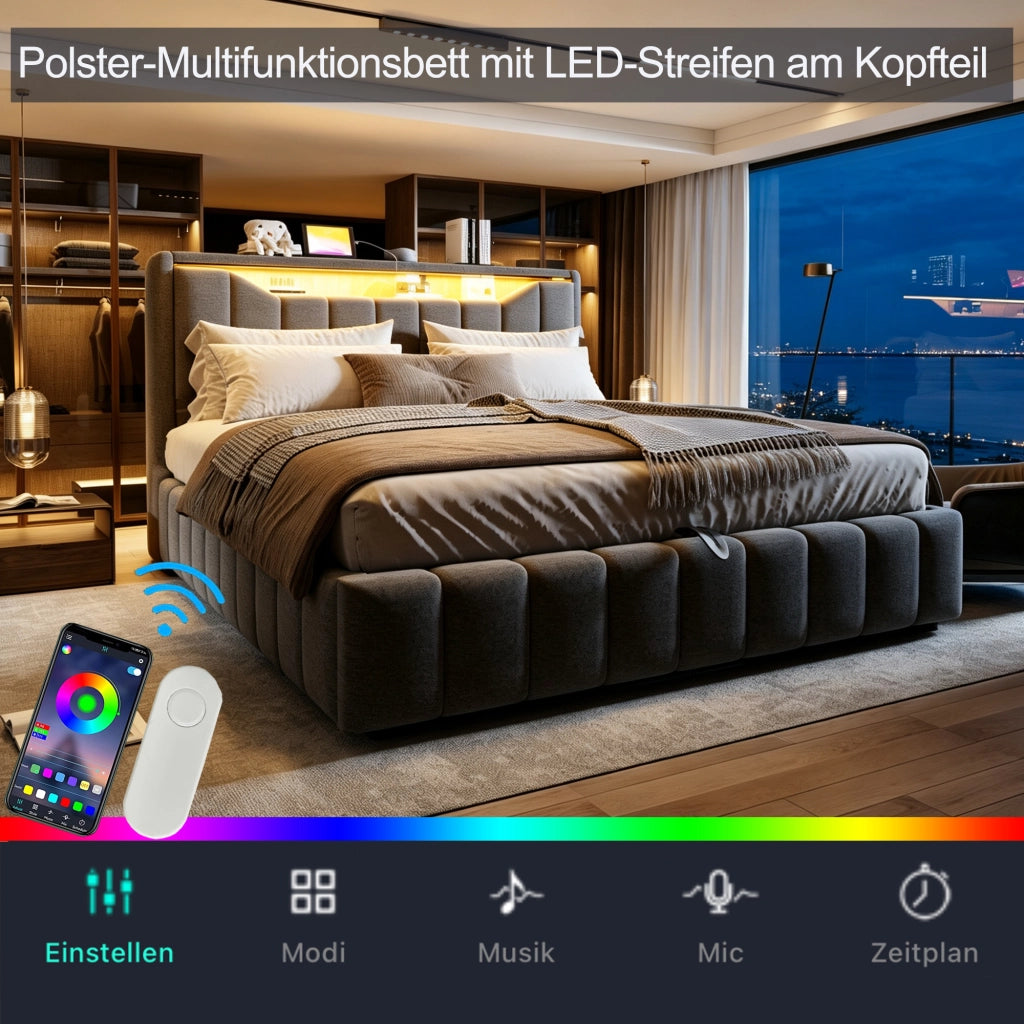 Letto contenitore matrimoniale 180 × 200 cm con sistema idraulico, LED, USB e USB-C, senza materasso, grigio