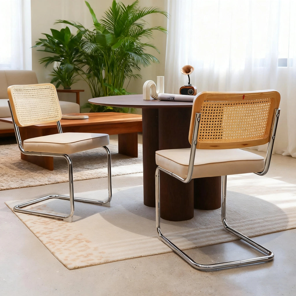 Sedia da pranzo set da 2 - Sedia in velluto e rattan con gambe cromate – Design Mid-Century Modern ispirato a Breuer – Sedia imbottita ideale per soggiorno, cucina e altri ambienti