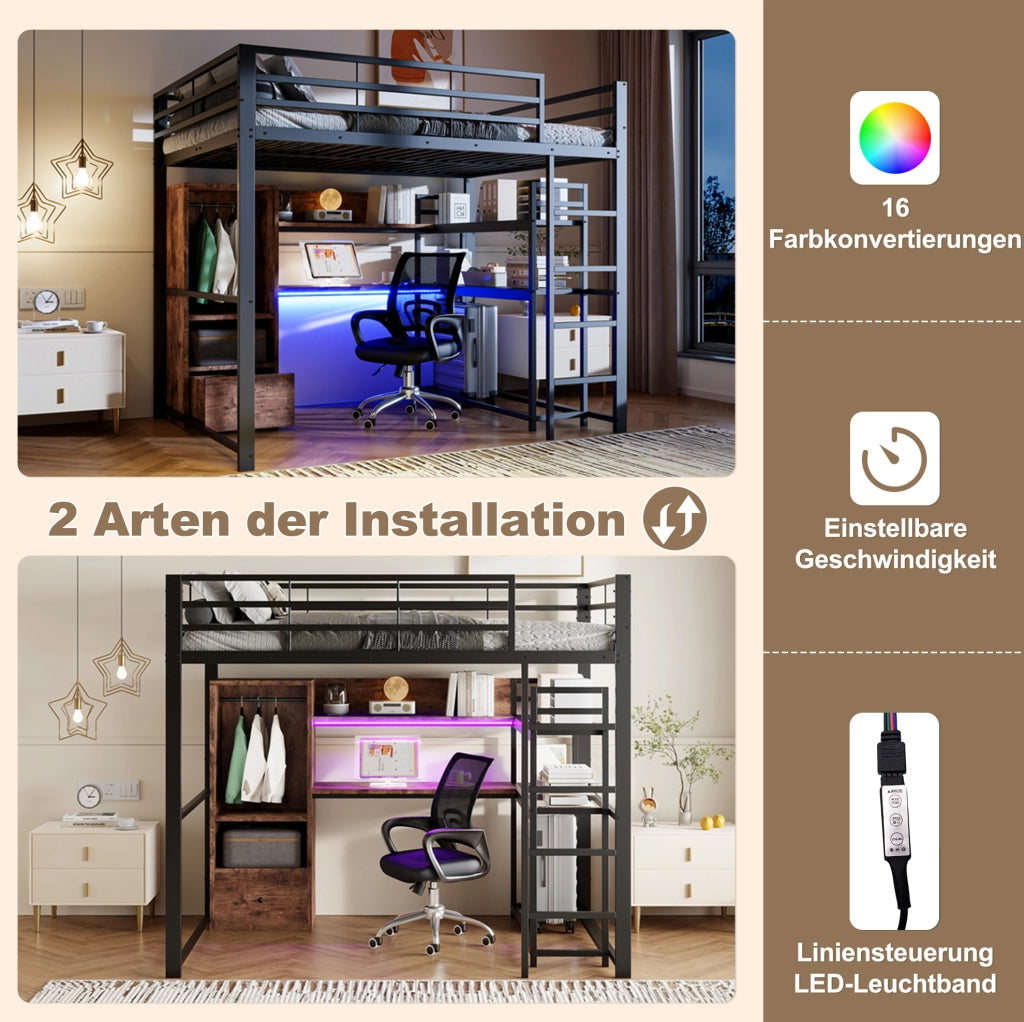 Letto a soppalco 140x200 cm con scrivania e LED