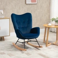 Poltrona a Dondolo con Trapunta, Pioli in Legno, Velluto Sintetico, fino a 150 kg, Blu