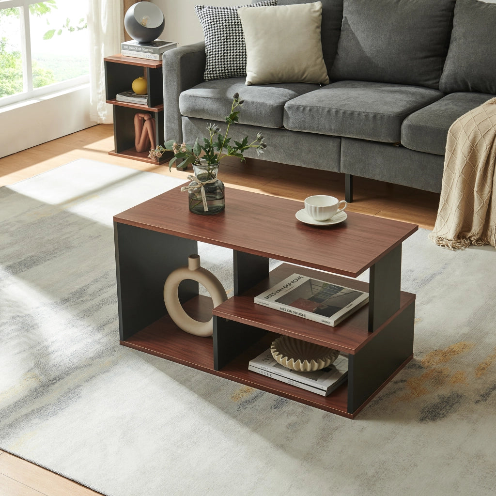 Tavolino da Salotto Trond con 3 Vani Aperti 80 x 40 x 42 cm - Nero/Effetto Noce [en.casa]