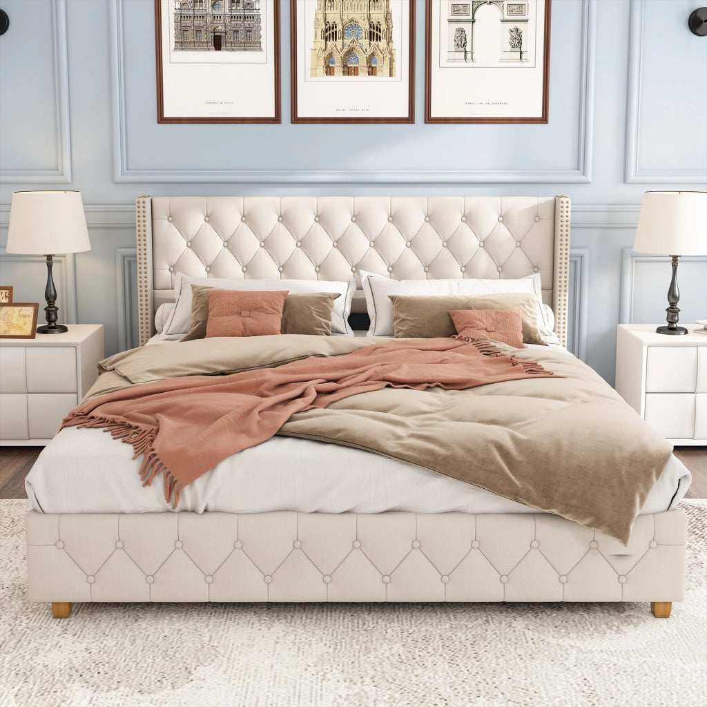 Letto Imbottito 140×190 cm; Letto Matrimoniale con Testiera con Rivetti; senza Materasso; in Lino; Beige
