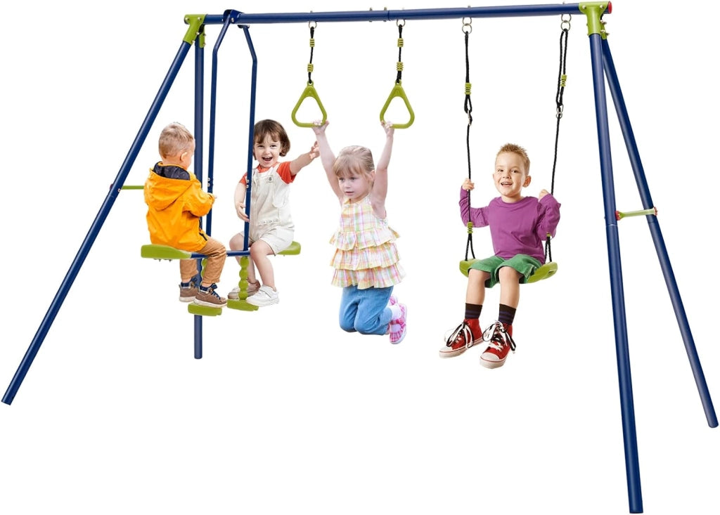 Set Altalena per Bambini Robusta, Set Altalena 4 in 1 con Canestro Basket, Altalena Regolabile, Scala e Disco con Corda, Giochi da Interno ed Esterno per Bambini 3-9 Anni, Portata 300 kg