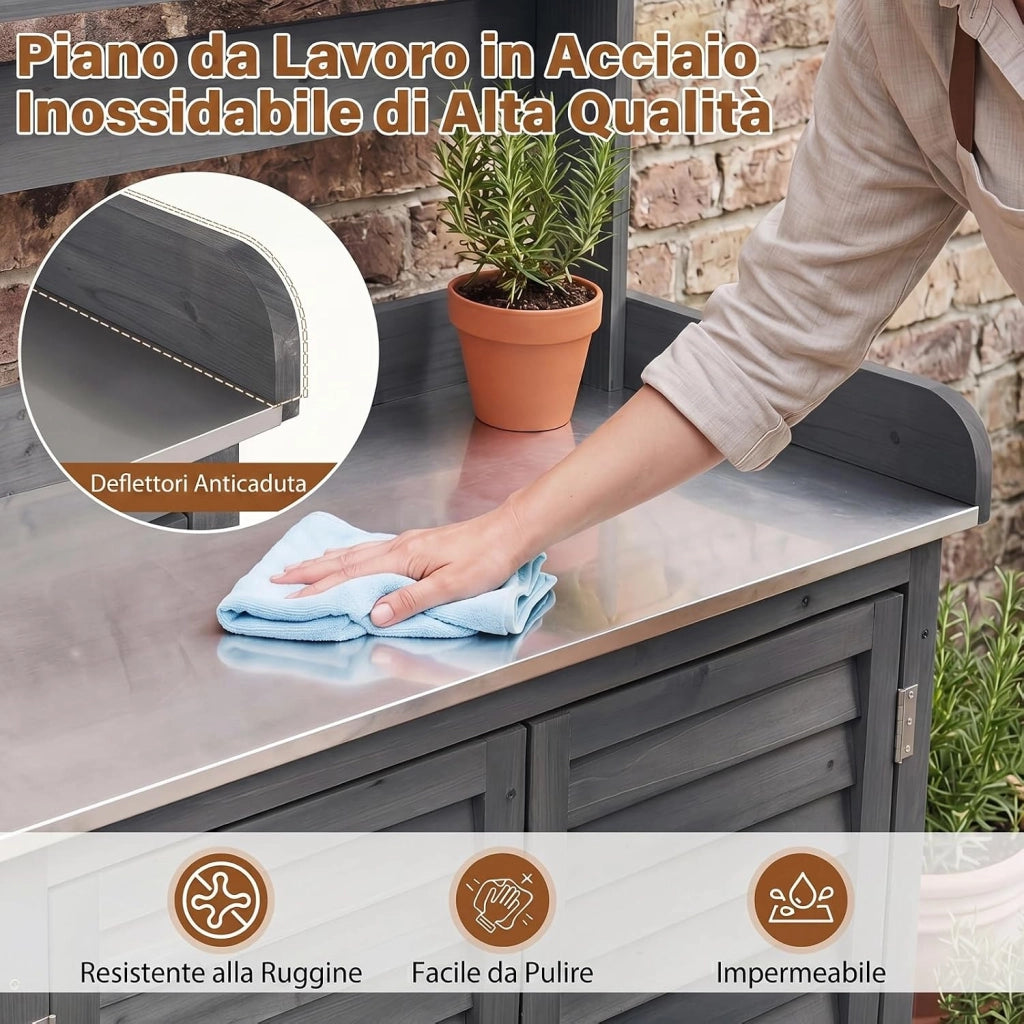 Armadietto da Esterno in Legno a 2 Livelli (Grigio) | con Piano in Metallo Zincato, 3 Ganci Appendiabiti, Ripiani Rimovibili e Ante a Doghe, da Giardino, Balcone e Cortile