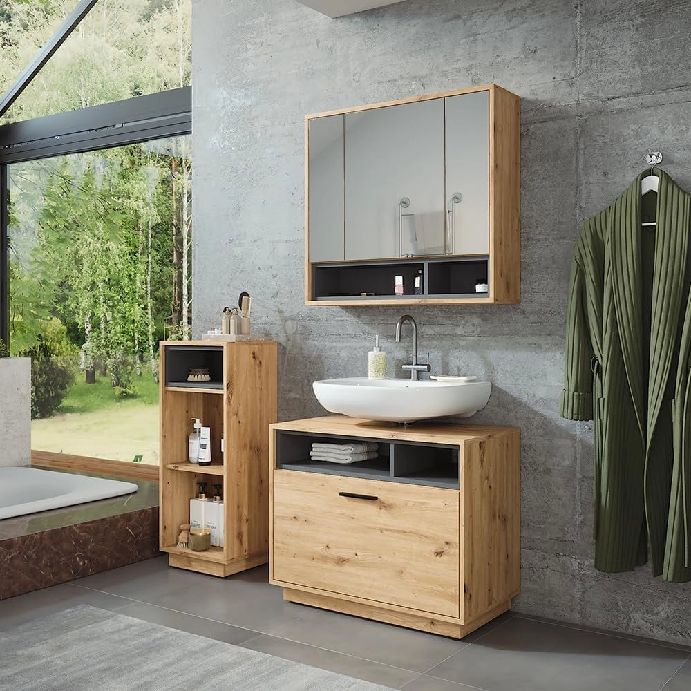 Set di mobili da bagno Beatrice, Rovere artigianale/antracite, 80 cm, composto da mobile sottolavabo, specchiera e mobile medio