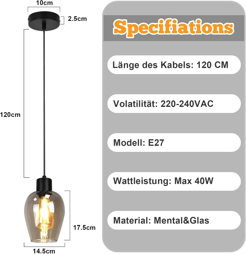 ZMH Lampada a Sospensione 1 Luce Vintage Vetro Fum¨¦ E27 per Sala da Pranzo Cucina Hotel Senza Lampadina