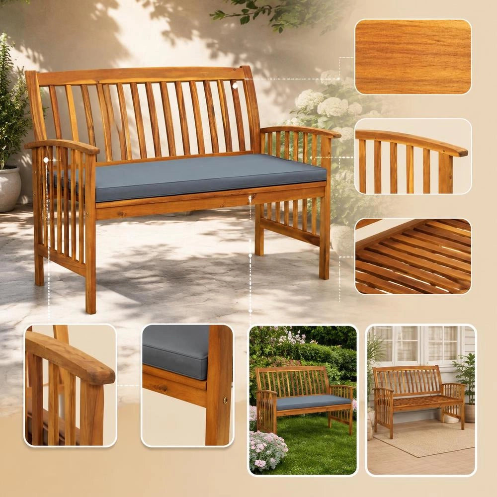 Garden Bench With Cushions, 119 Cm, Solid Acacia Wood