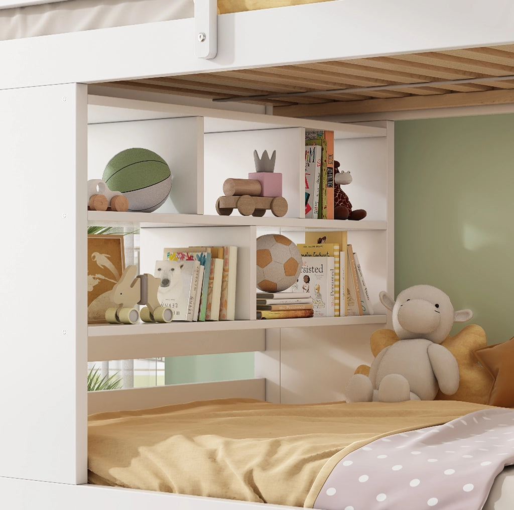 Letto a castello 90x200 cm bianco con 2 cassetti e scaffale