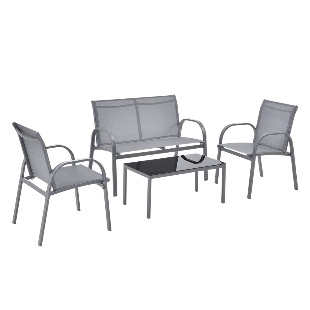 Set di Mobili da Giardino Fino a 4 Posti di Seduta Arredo Esterno Set Composto di 1 Divano e 2 Sedie con Braccioli e 1 Tavolino Basso con Piano in Vetro - Grigio Chiaro