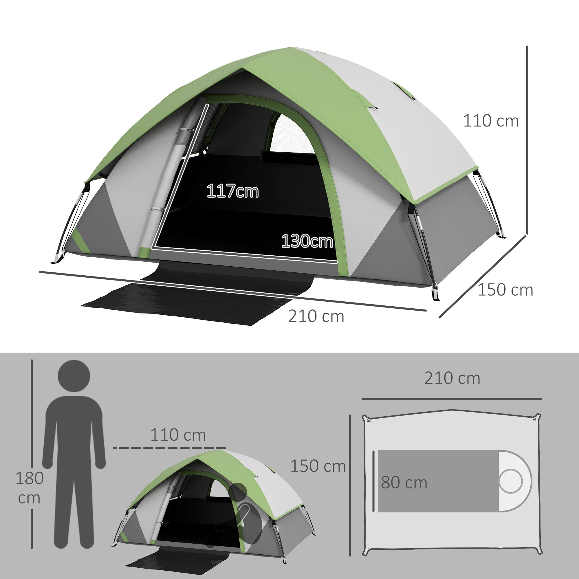 Tenda da Campeggio 2 Posti con Finestra a Rete 210x110x150 cm in Poliestere e Fibra di Vetro Grigio e Verde