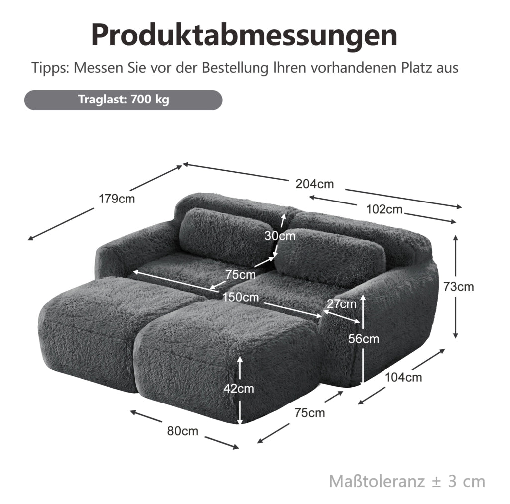 Divano modulare 2 posti grigio in peluche, con 2 pouf collegabili