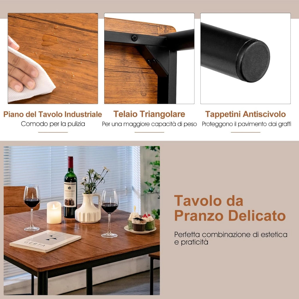 Set 5 Pezzi Tavolo da Pranzo, 1 Tavolo Rettangolare e 4 Sedie con Poggiapiedi, Set di Tavolo da Pranzo Salvaspazio per Casa Ristorante Bar (Marrone Scuro)