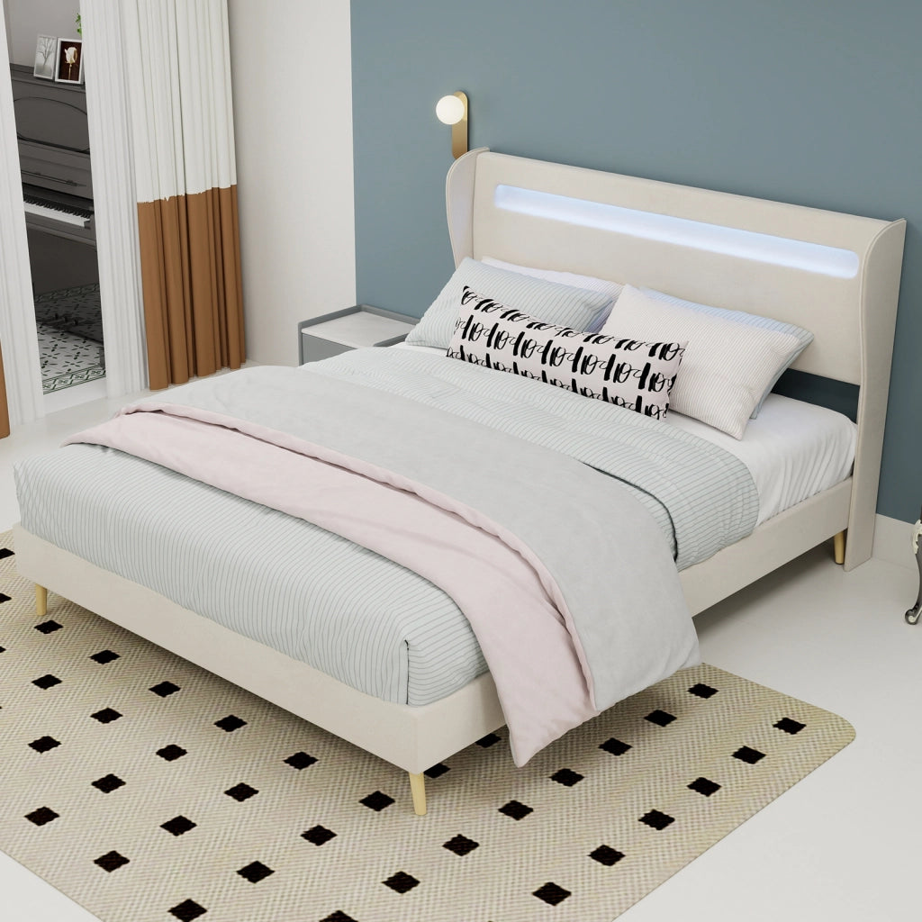 Letto Matrimoniale 140x200 cm; LED Regolabile e Schienale Regolabile in Tessuto - Beige