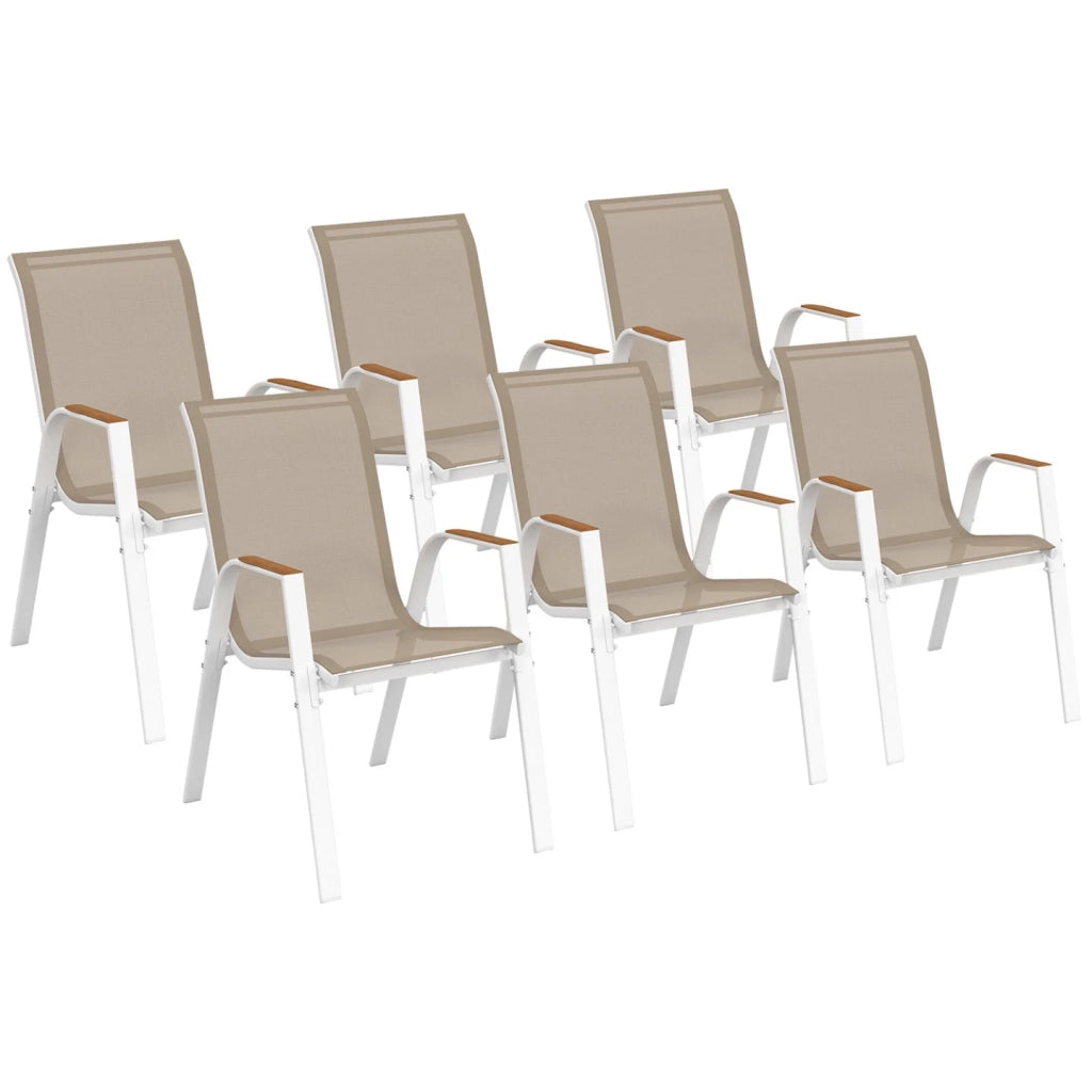 IDMarket - Set di 6 sedie da giardino impilabili NOUMEA in metallo e textilene, bianco e legno