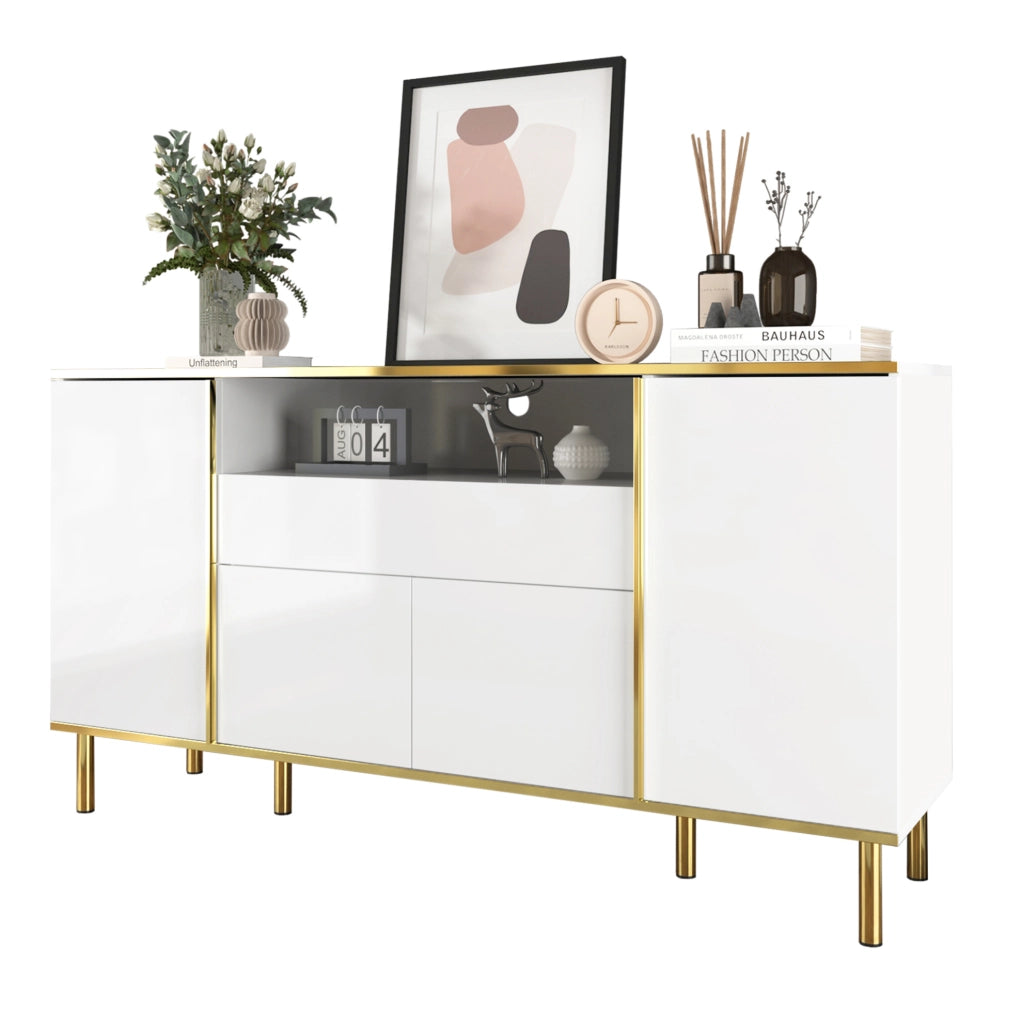 Credenza 150x40x80 cm con LED; 4 ante e 1 cassetto; MDF e pannello truciolare bianco lucido