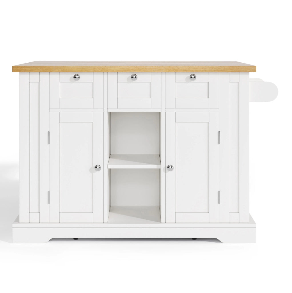 Isola cucina mobile 132x40(70)x87 cm con piano ribaltabile; prese integrate in MDF bianco e naturale