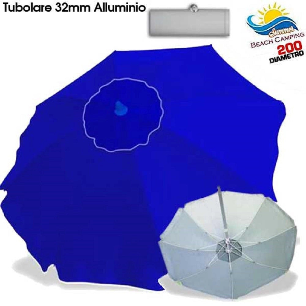 Trade Shop - Ombrellone Da Spiaggia Alluminio 2 Mt Con Snodo Tessuto Polyestere Blu Palo 32mm -
