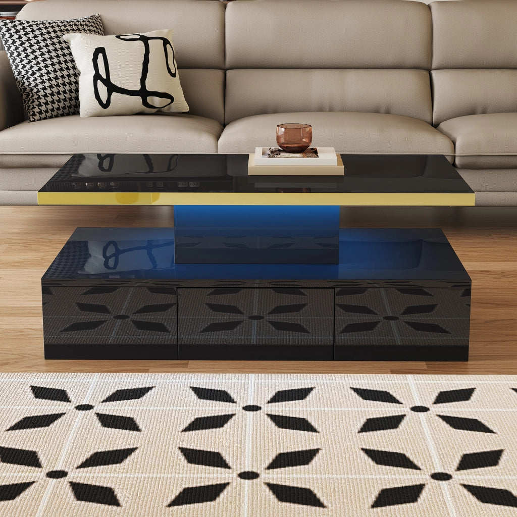 TAVOLO Caffè con cassetto e 2 ripiani 100 x 50 x 39 cm Nero lucido