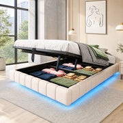 Letto matrimoniale imbottito flottante 140x200 cm con contenitore; LED; beige