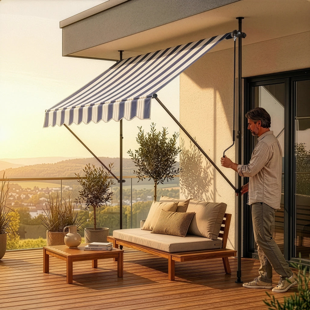 Tenda da Sole a Muro con Pali di Supporto Telescopici Parasole 200 x 120 cm (LxP) Blu Scuro/Bianco pro.tec