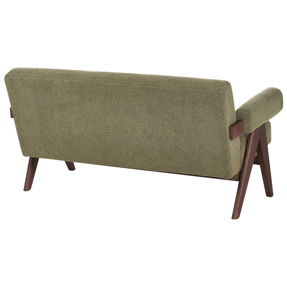 Divano a 2 posti Rivestimento in bouclé verde e marrone scuro Design retrò Gambe in legno Soggiorno