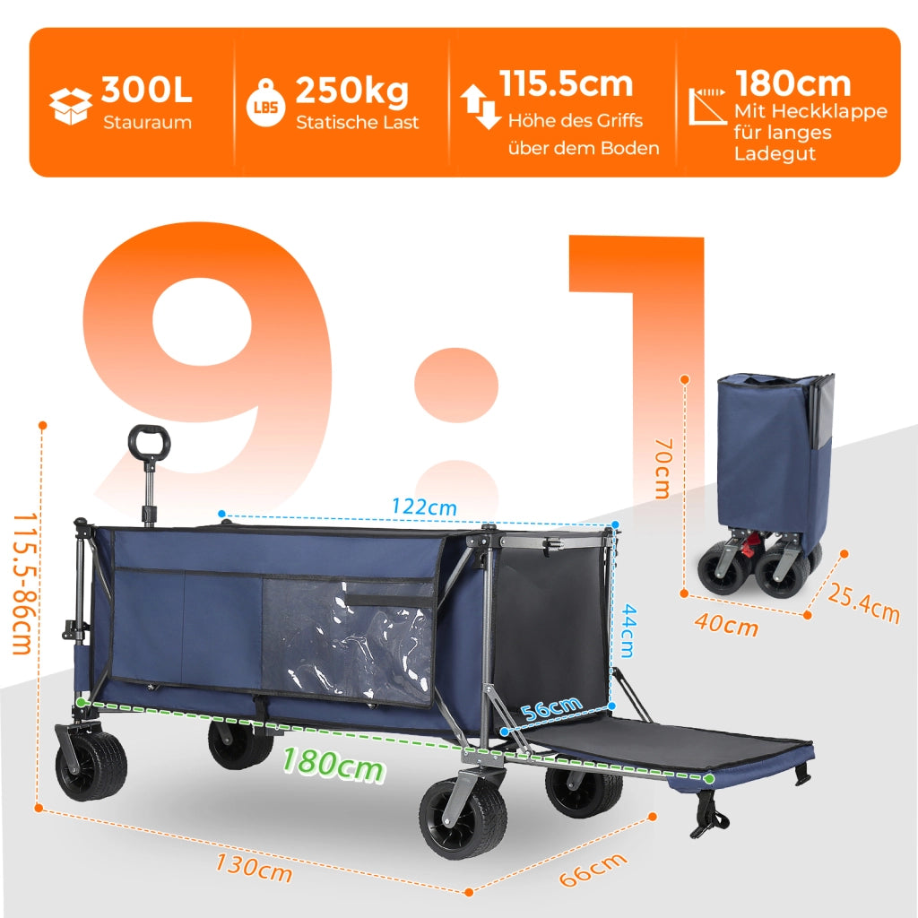 CARRELLO PIEGHEVOLE 180 cm Blu in Acciaio con sponda posteriore estensibile