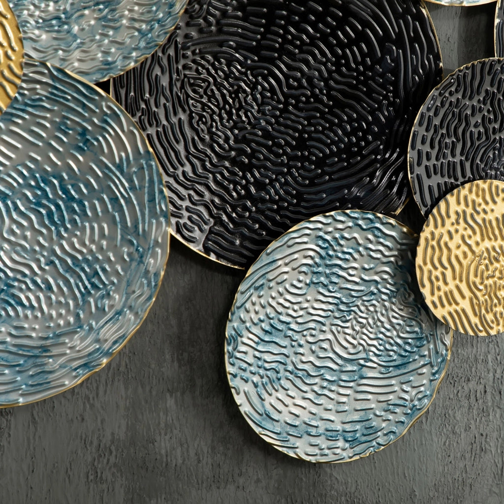 Decorazione Murale 3D in Metallo 133x66 cm Wall Art a Cerchi  Blu Nero e Oro