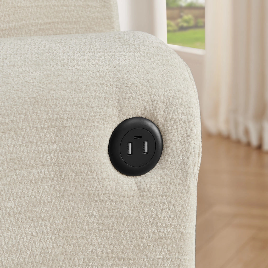 Divano a 2 posti compatto con tasca laterale, portabicchieri, cuscini e ricarica USB in chenille beige