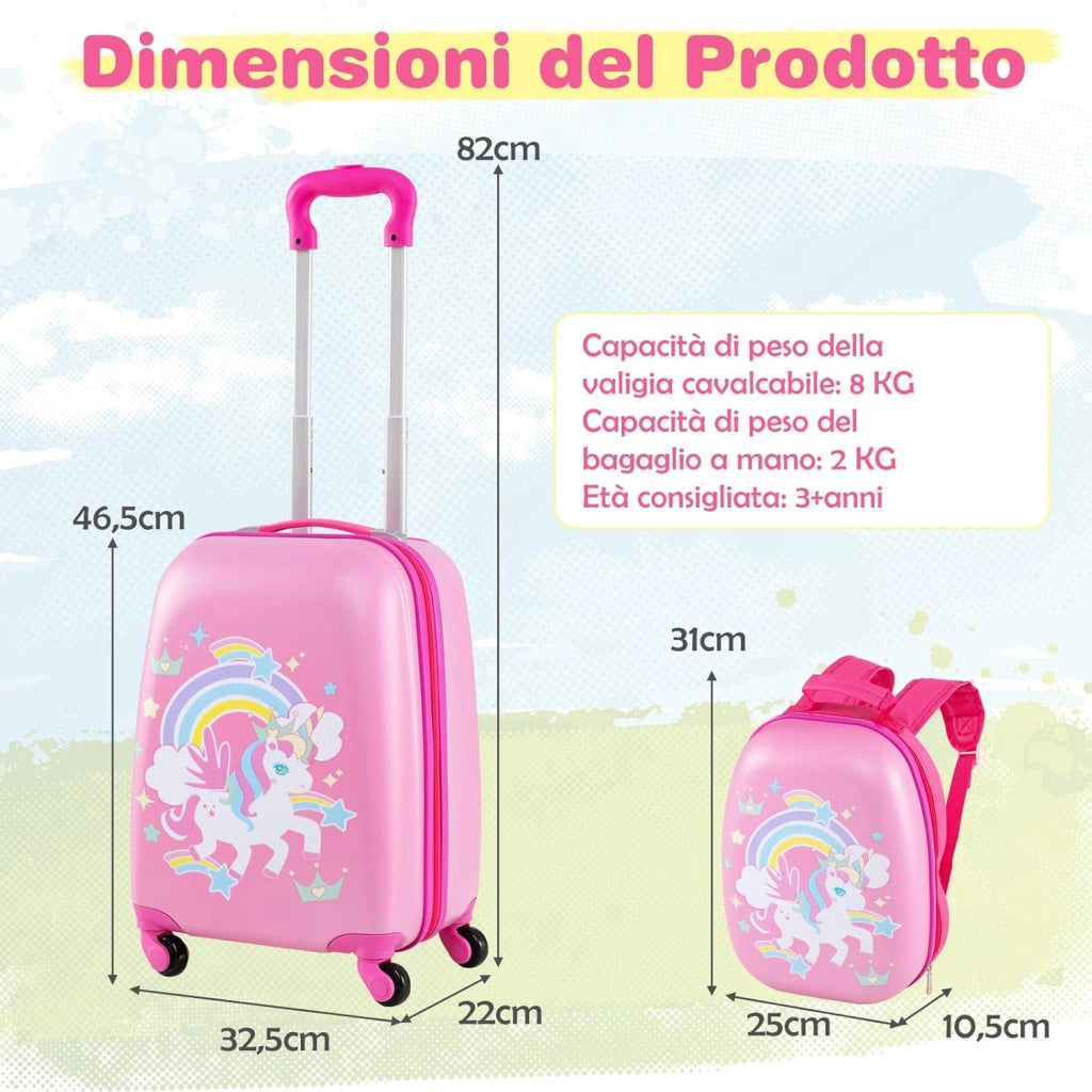 Set di Valigia per Bambini, 16" Valigia+ 12" Zaino, 2 Pezzi, con Ruote Girevoli a 360° e Maniglia Retrattile, Ideale per Viaggiare in Modo Comodo e Divertente (Modello 26)