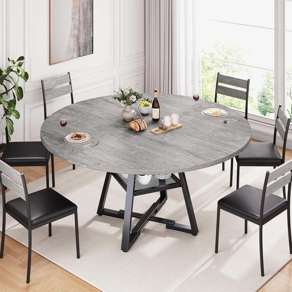 Tavolo per Sala da Pranzo Tondo Grigio con Ripiano Portaoggetti 120x120x76cm