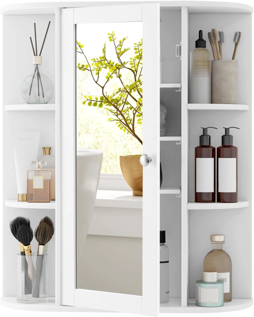 Armadietto Bagno a Parete, Mobiletto Pensile con Ante di Specchio, 6 Scomparti Laterali, 2 Colori Disponibili, 60x16,5x70 cm