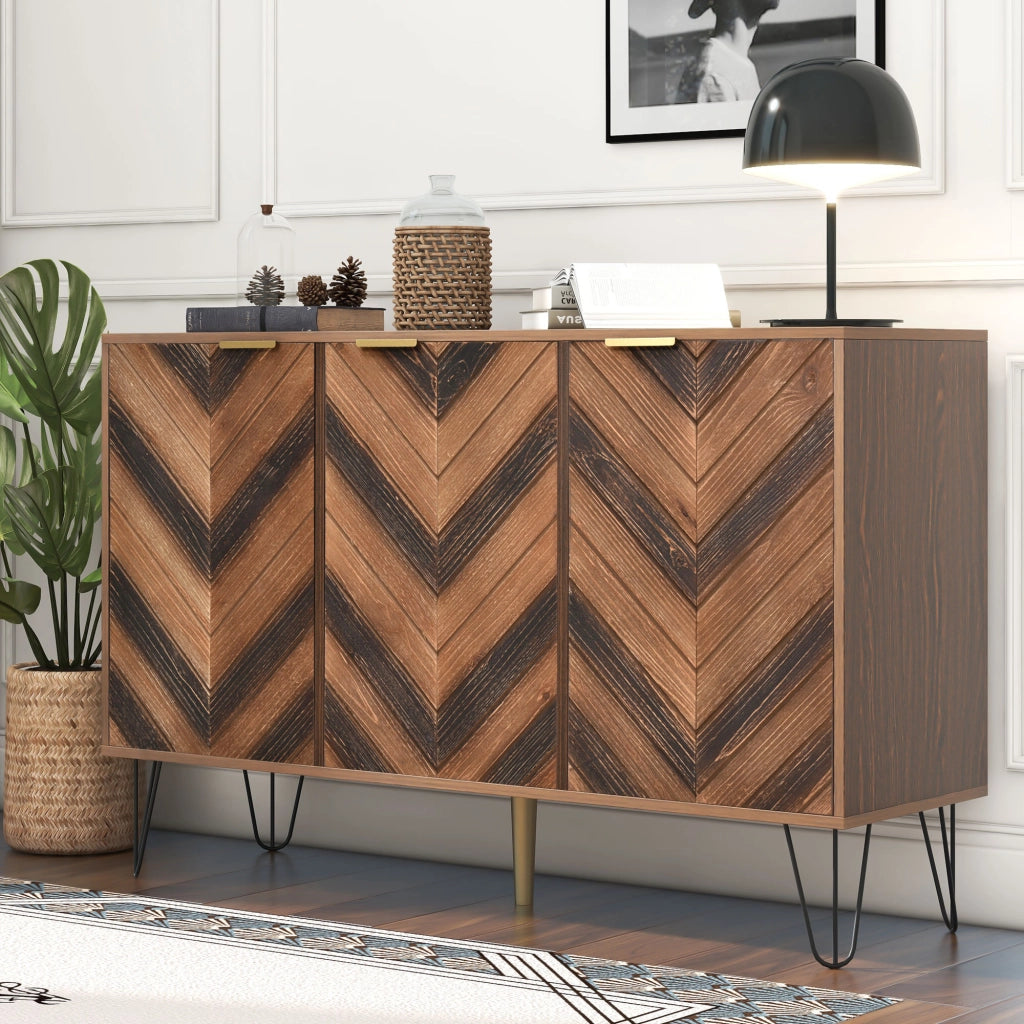 OKWISH Credenza Contenitore con 3 Ante e Ripiani Interni, Maniglie Dorate, Gambe in Ferro, per Soggiorno 120 x 38 x 76.5 cm